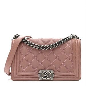 Authentic Chanel Calfskin Quilted Double Pink Stitch Medium Boy Flap